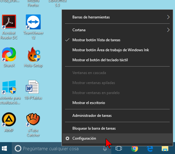 Opción Configuración en cómo cambiar el idioma de Windows 10 a español
