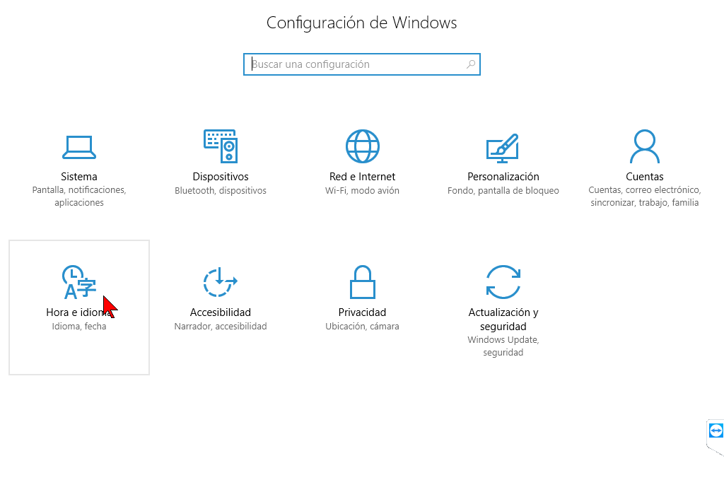 Hora e idioma del menú de Configuración de Windows 10