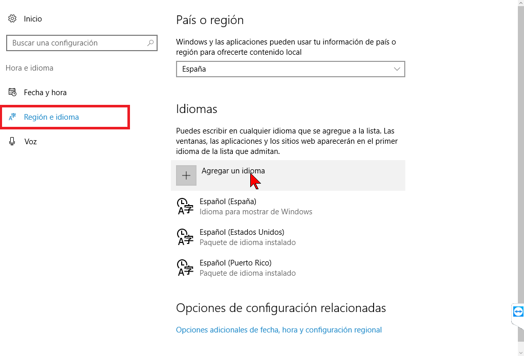 Seleccionando la opción Región e idioma y Agregar idioma en cómo cambiar el idioma de Windows 10 a español