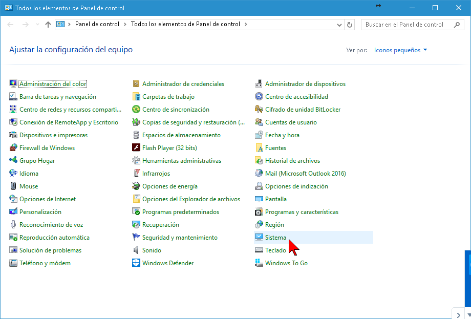 Opción Sistema del Panel de control de Windows 10
