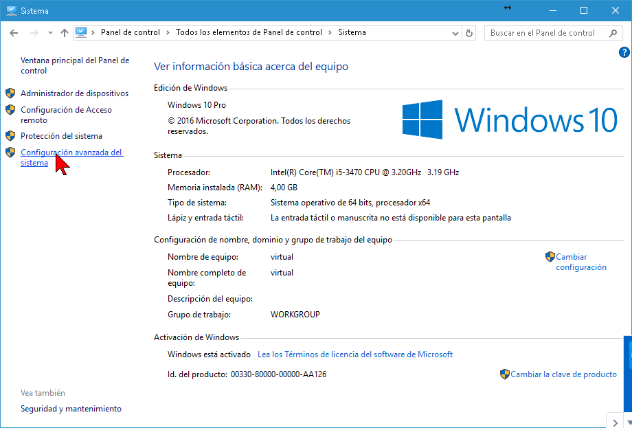Configuración avanzada del sistema en cómo cambiar las opciones de memoria virtual en Windows 10