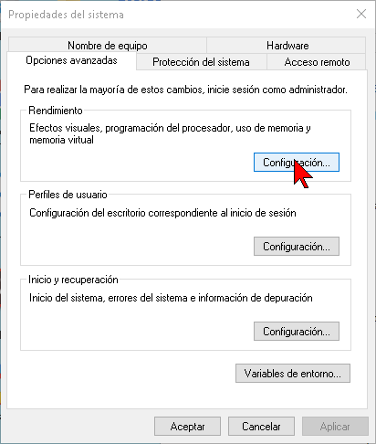 Pestaña Opciones avanzadas y botón Configuración de la sección Rendimiento