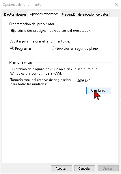 Botón para cambiar la memoria virtual en Windows 10