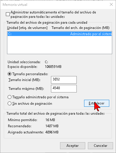 Personalizando los valores de la memoria virtual en Windows 10