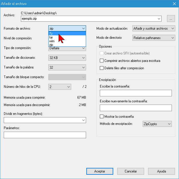 Seleccionando el Formato de archivo de 7-Zip a 7z en vez de zip o tar