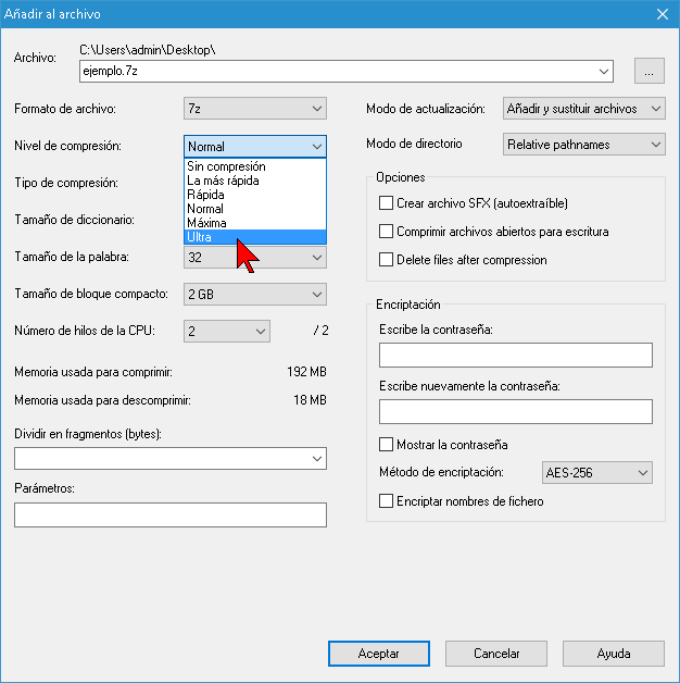 Seleccionando Nivel de compresión Ultra en 7-Zip