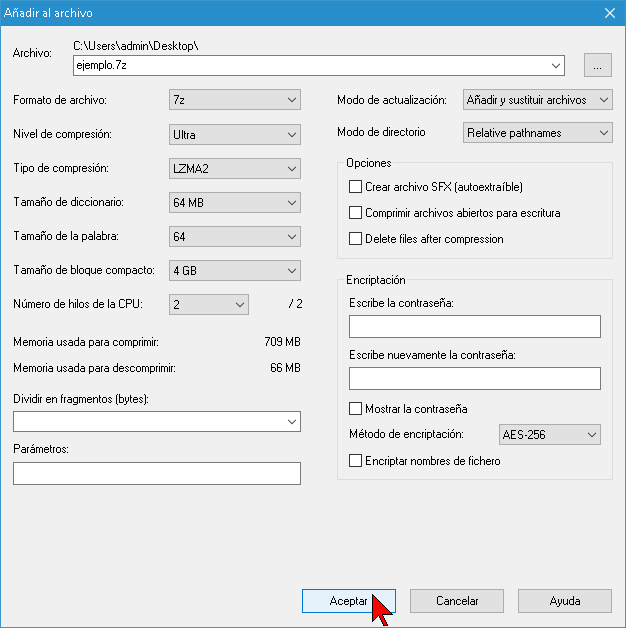 Ajustando los parámetros para comprimir un archivo con 7-Zip