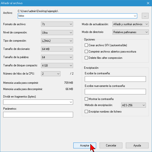 Configuración de parámetros para comprimir varios archivos con 7-Zip