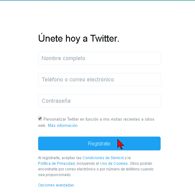 Página de registro de Twitter en español