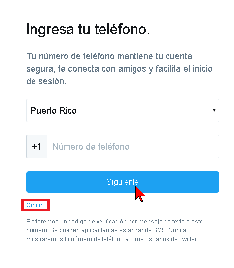 Ingresando el teléfono en la cuenta de Twitter