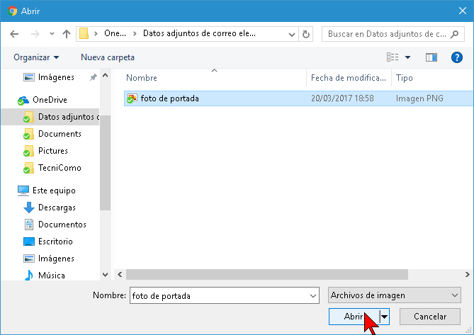 Explorador de archivos para hallar la foto de portada para Facebook