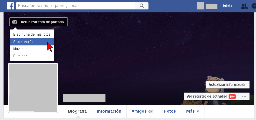 Botón Subir una foto en la portada de Facebook
