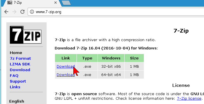 Botón para la descarga de 7-zip