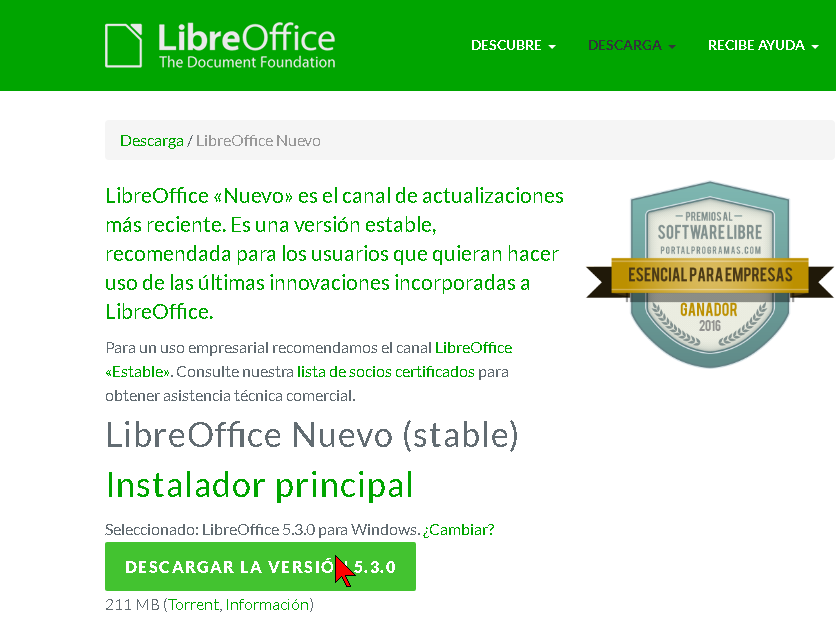 Botón para iniciar la descarga de Libre Office en cómo descargar e instalar Libre Office para Windows 10