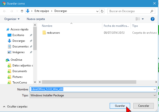 Guardando el archivo de Libre Office en cómo descargar e instalar Libre Office para Windows 10