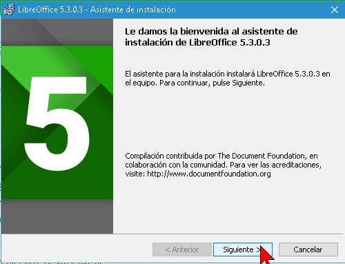 Botón Siguiente del Asistente de instalación de Libre Office