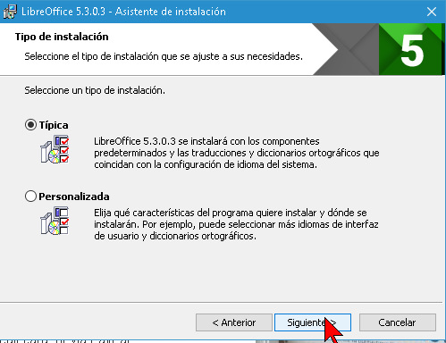 Seleccionando el tipo de instalación de Libre Office