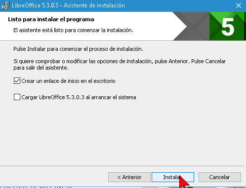 Casillas con opciones de instalación de Libre Office en cómo descargar e instalar Libre Office para Windows 10