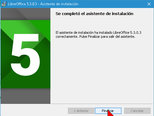 Botón Finalizar en cómo descargar e instalar Libre Office para Windows 10