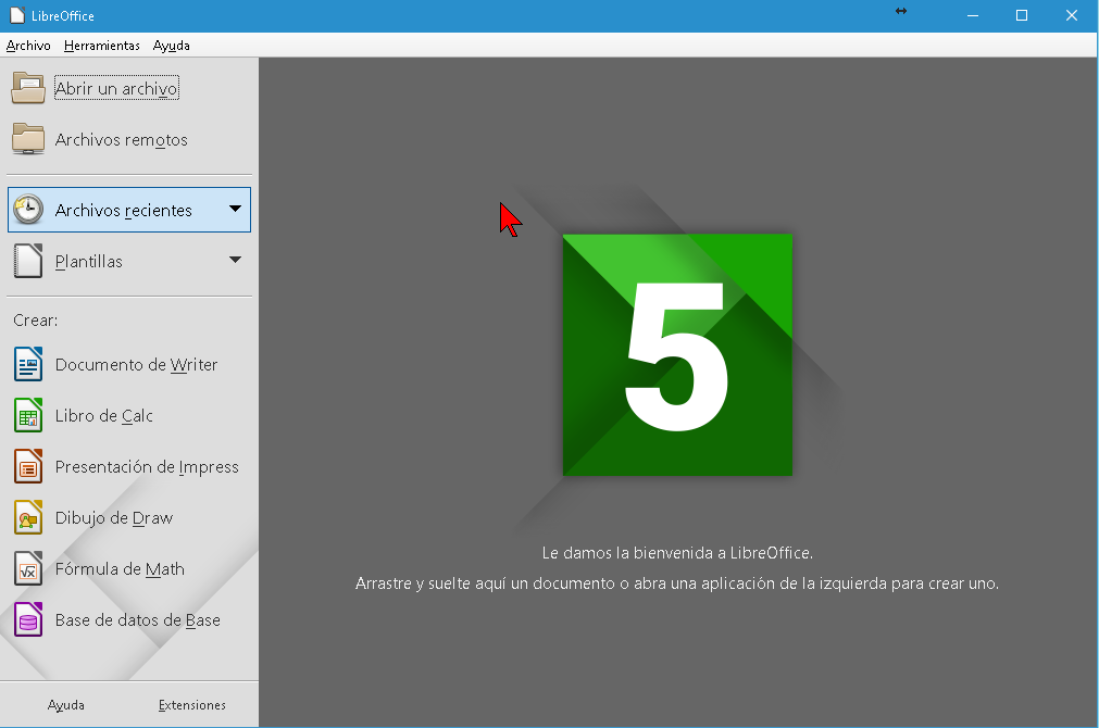 Ventana principal de Libre Office en cómo descargar e instalar Libre Office para Windows 10