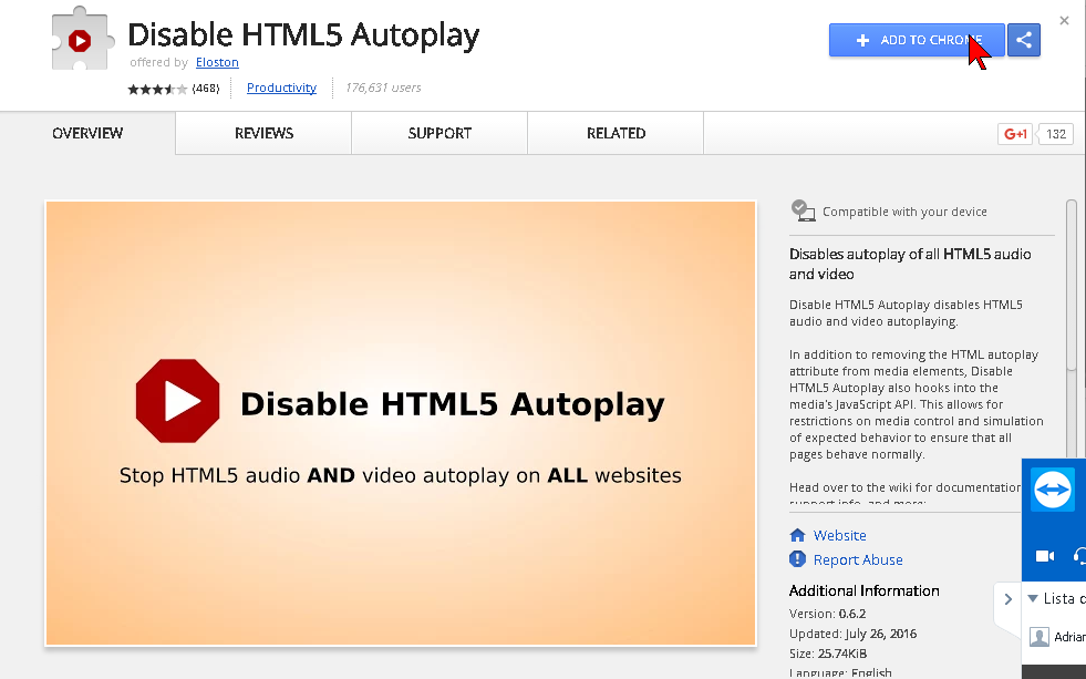 Agregando extensión a Google Chrome en cómo deshabilitar la reproducción automática de videos en HTML5
