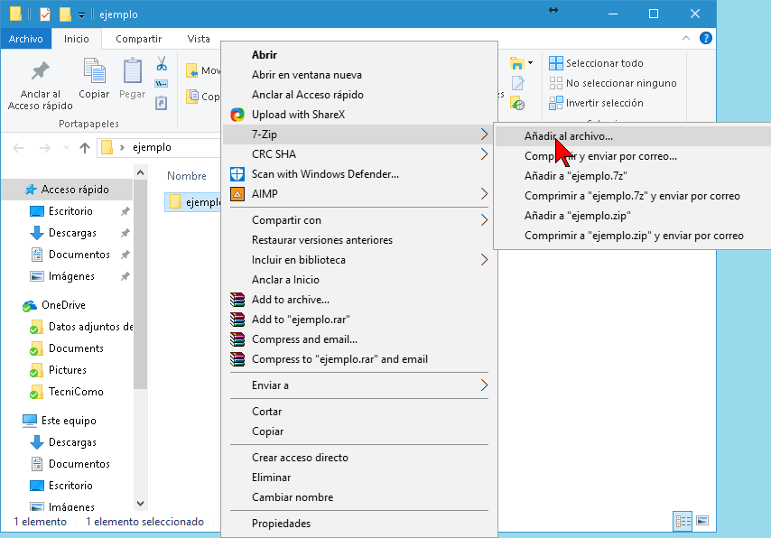 Opción Añadir al archivo de 7-Zip