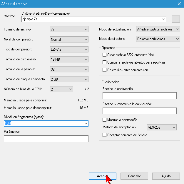 Seleccionando el tamaño por el cual dividiremos los archivos en cómo dividir un archivo muy grande usando 7-Zip
