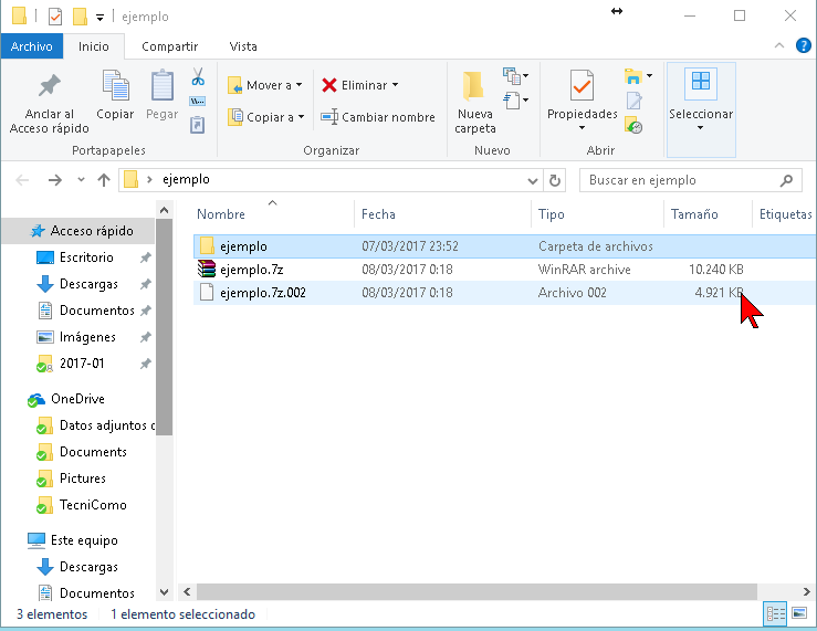 Archivo grande debidamente dividido usando 7-Zip