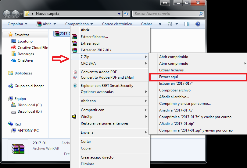 Opción Extraer aquí de 7-Zip