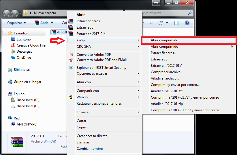Opción Abrir comprimido de 7-Zip