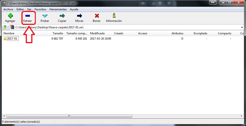 Botón Extraer de 7-Zip en cómo extraer archivos comprimidos usando 7-Zip
