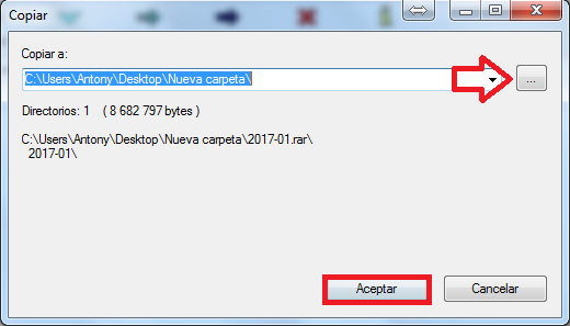 Seleccionando la ruta donde guardar el archivo a extraer con 7-Zip