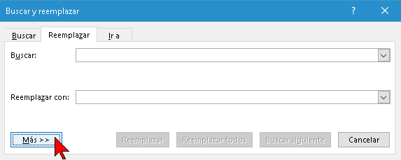 Botón Más del diálogo Buscar y reemplazar de Word 2016