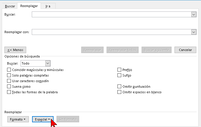 Botón Especial de la pestaña Reemplazar en Word 2016