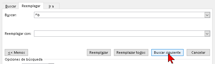 Botón Buscar siguiente en cómo hallar un salto de sección en un documento de Word 2016