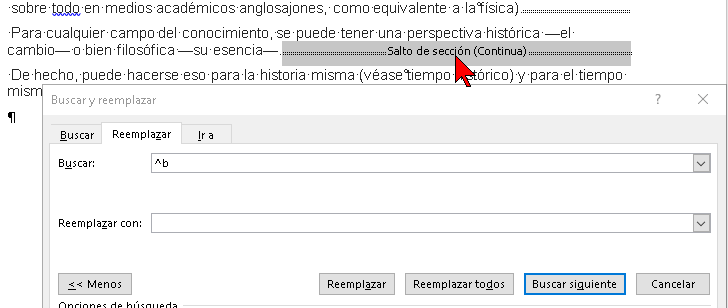 Muestra del indicador de un salto de sección en Word 2016