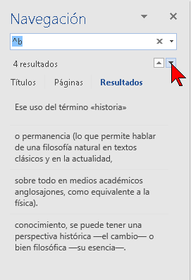 Ventana de navegación de Word 2016