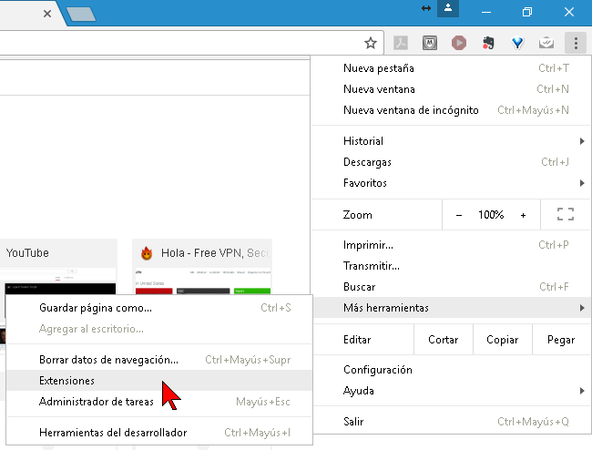Opción Extensiones en cómo reducir el uso de memoria RAM de Google Chrome