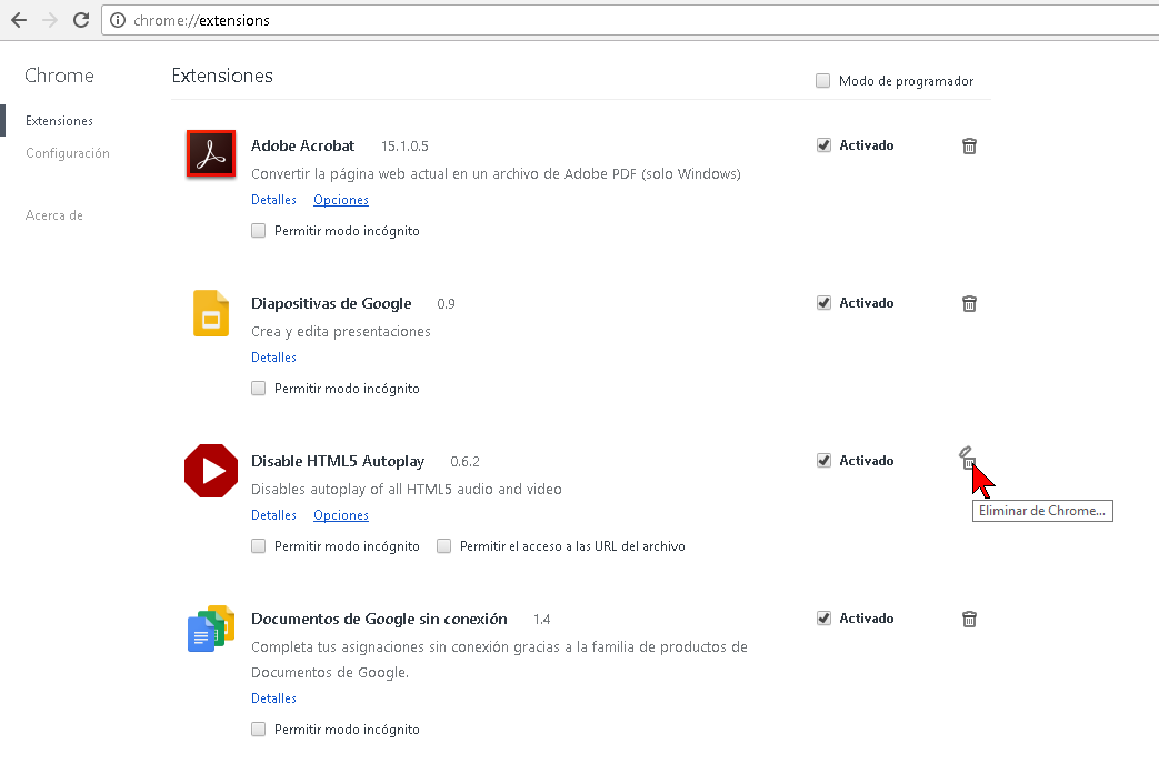 Eliminando o deshabilitando extensiones de Google Chrome en cómo reducir el uso de memoria RAM de Google Chrome