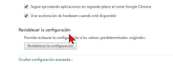 Botón Restablecer configuración de Chrome en cómo reducir el uso de memoria RAM de Google Chrome