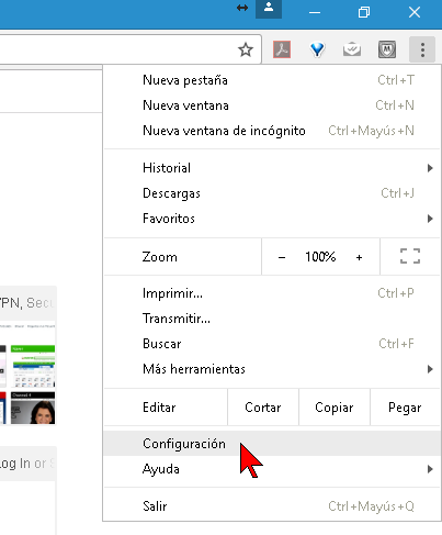 Opción Configuración en cómo reducir el uso de memoria RAM de Google Chrome