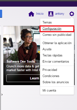 Opción Configuración del menú contextual de Yahoo Mail