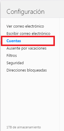 Opción Cuentas de la página de Configuración de Yahoo Mail