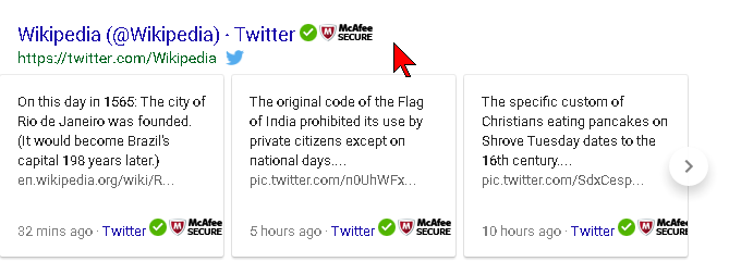 Muestra del McAfee Site Advisor para saber si un sitio web es seguro