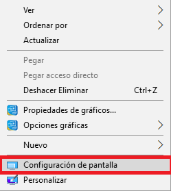 Opción Configuración de pantalla en cómo arreglar la pantalla girada en Windows 10