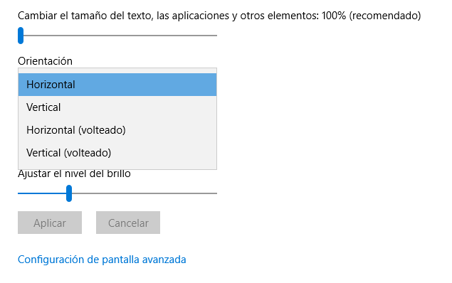 Opciones de orientación de la pantalla en cómo arreglar la pantalla girada en Windows 10
