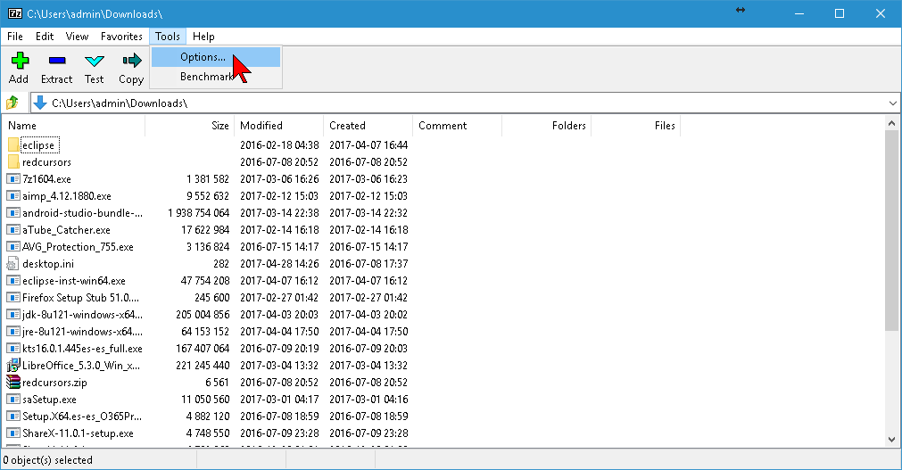 Tools, Options del menú principal en cómo cambiar el idioma de 7-zip a español