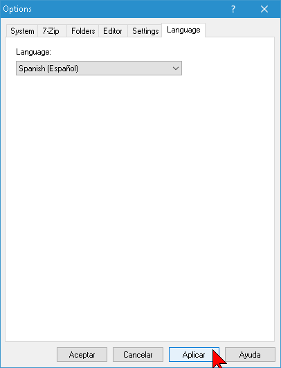 Menú desplegable con los idiomas entre ellos español en cómo cambiar el idioma de 7-zip a español