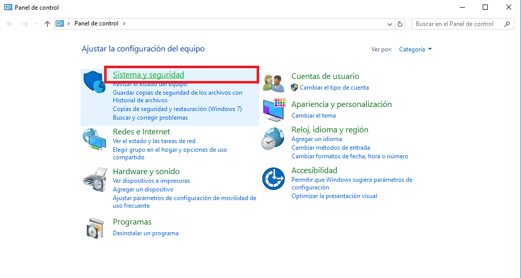 Sistema y seguridad del Panel de control en cómo cambiar la ruta de los archivos temporales en Windows 10