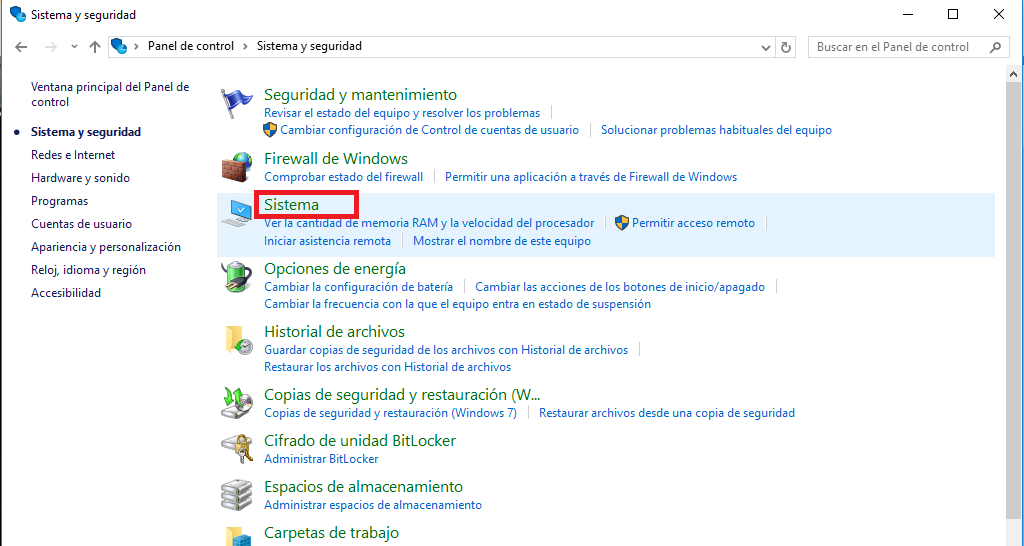Opción Sistema en cómo cambiar la ruta de los archivos temporales en Windows 10